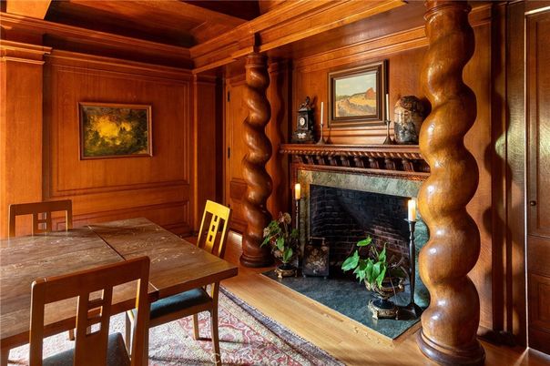 Dining room, Fireplace, Interior, Wooden Ceilings, Wood Texture Flooring, Wooden Walls