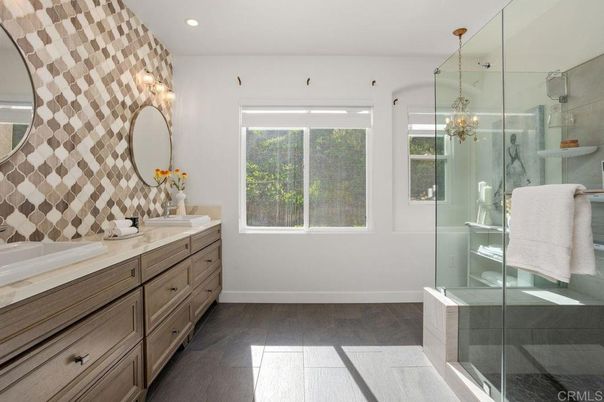 Bathroom, Glass Shower, Interior, Recessed Lighting, Wood Texture Flooring