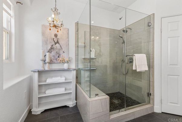 Bathroom, Chandelier, Glass Shower, Interior, Pendant Lights