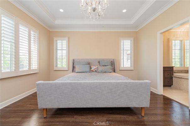 Bedroom, Chandelier, Interior, Recessed Lighting, Wood Texture Flooring