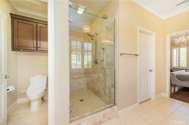 Bathroom, Chandelier, Glass Shower, Interior, Wood Texture Flooring