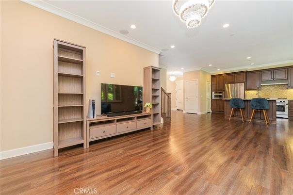 Chandelier, Interior, Kitchen, Recessed Lighting, Stainless Steel Appliances, Wood Texture Flooring