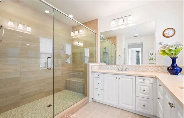 Bathroom, Glass Shower, Interior, Recessed Lighting, Wood Texture Flooring