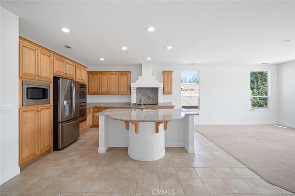 Fireplace, Interior, Kitchen, Recessed Lighting, Stainless Steel Appliances