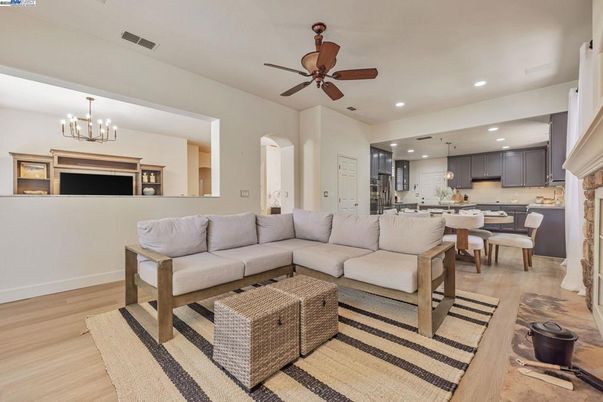 Chandelier, Dining room, Interior, Kitchen, Living room, Pendant Lights, Recessed Lighting, Wood Texture Flooring