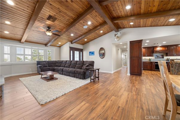 Interior, Kitchen, Living room, Recessed Lighting, Stainless Steel Appliances, Wooden Beams, Wooden Ceilings, Wood Texture Flooring