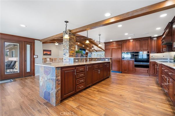 Interior, Kitchen, Pendant Lights, Recessed Lighting, Stainless Steel Appliances, Wooden Beams, Wood Texture Flooring