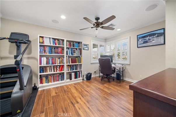 Fitness Equipment, Home Office, Interior, Recessed Lighting, Wood Texture Flooring