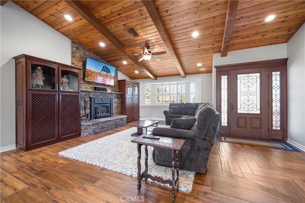 Fireplace, Interior, Living room, Recessed Lighting, Stone Walls, Wooden Beams, Wooden Ceilings, Wood Texture Flooring