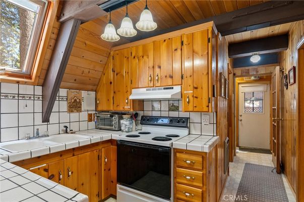 Interior, Kitchen, Pendant Lights, Tile Countertops, Wooden Ceilings, Wooden Walls