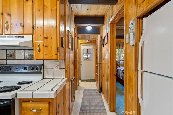 Interior, Kitchen, Tile Countertops, Wooden Ceilings, Wooden Walls
