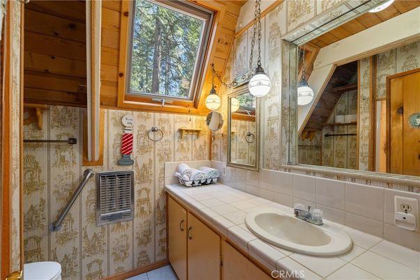 Bathroom, Interior, Pendant Lights, Tile Countertops, Wooden Walls