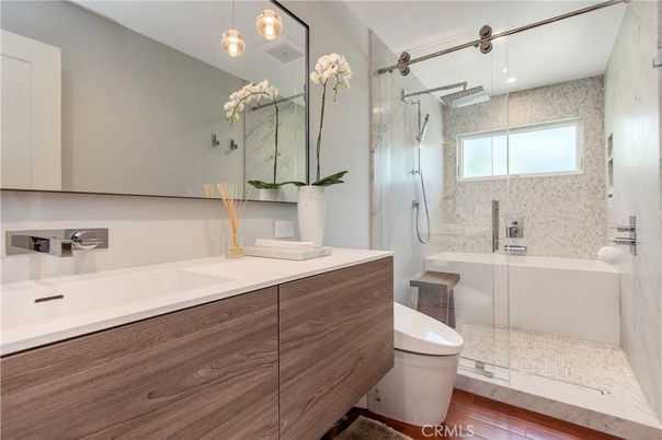 Bathroom, Dual Sink Vanities, Glass Shower, Interior, Wood Texture Flooring