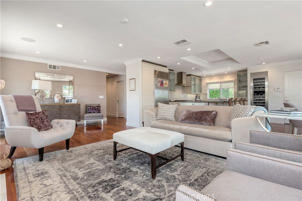 Interior, Kitchen, Living room, Recessed Lighting, Stainless Steel Appliances, Wood Texture Flooring