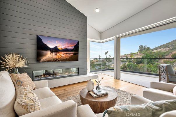 Fireplace, Interior, Living room, Recessed Lighting, Wood Texture Flooring