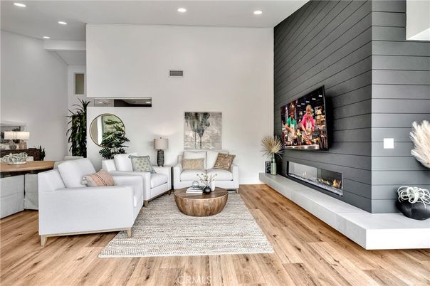 Fireplace, Interior, Living room, Recessed Lighting, Wood Texture Flooring