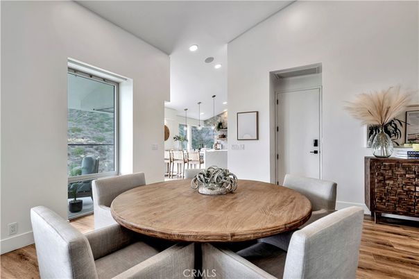 Dining room, Interior, Kitchen, Pendant Lights, Recessed Lighting, Wood Texture Flooring