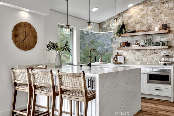 Interior, Kitchen, Pendant Lights, Recessed Lighting, Stainless Steel Appliances, Stone Walls, Wood Texture Flooring