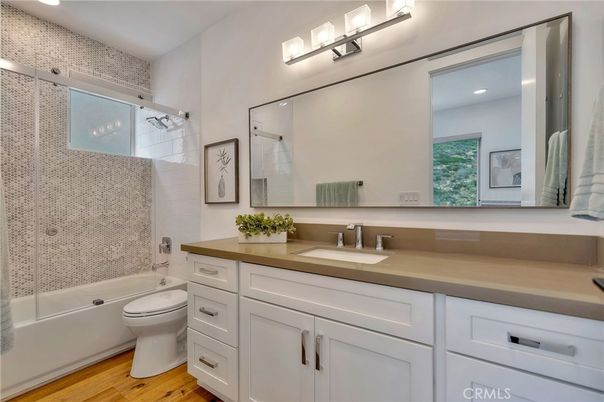 Bathroom, Glass Shower, Interior, Recessed Lighting, Wood Texture Flooring