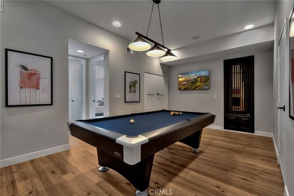 Billiard Table, Game Room, Interior, Pendant Lights, Recessed Lighting, Wood Texture Flooring