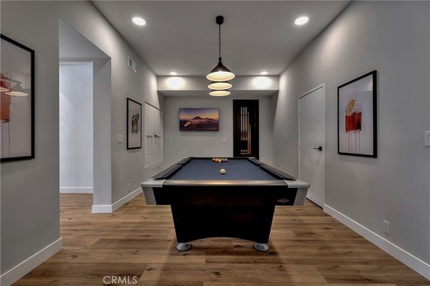 Billiard Table, Game Room, Interior, Pendant Lights, Recessed Lighting, Wood Texture Flooring
