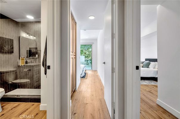 Bathroom, Bedroom, Glass Shower, Interior, Recessed Lighting, Wood Texture Flooring