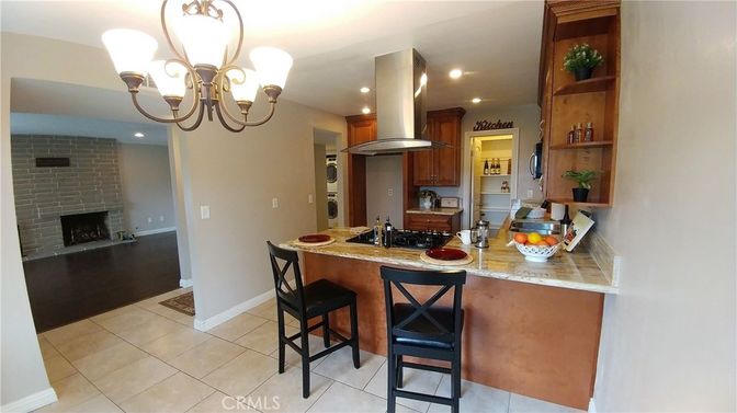 Chandelier, Fireplace, Interior, Kitchen, Recessed Lighting, Stone Walls