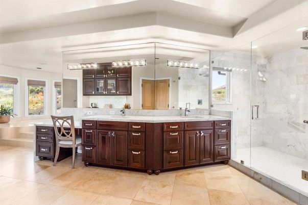 Bathroom, Dual Sink Vanities, Glass Shower, Interior, Marble Walls