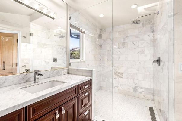 Bathroom, Glass Shower, Interior, Marble Walls, Recessed Lighting
