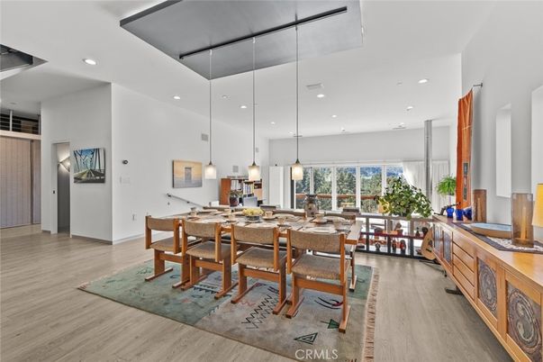 Dining room, Interior, Pendant Lights, Recessed Lighting, Wood Texture Flooring