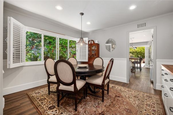 Dining room, Interior, Pendant Lights, Recessed Lighting, Wood Texture Flooring