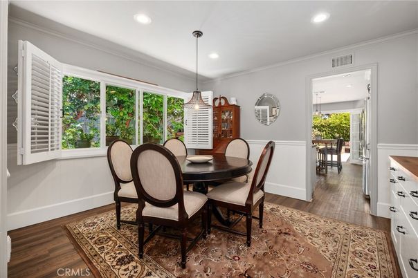 Dining room, Interior, Pendant Lights, Recessed Lighting, Wood Texture Flooring