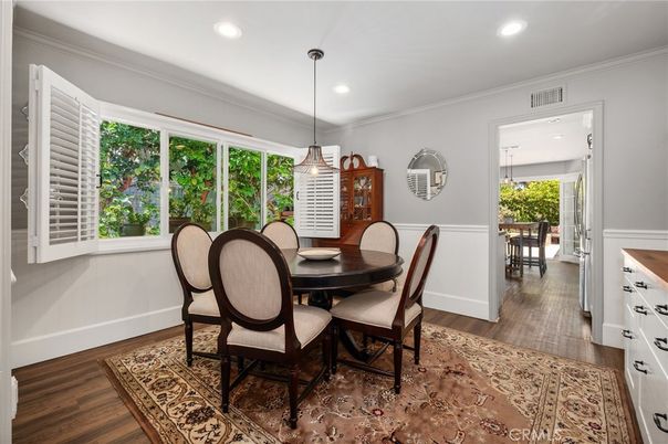 Dining room, Interior, Pendant Lights, Recessed Lighting, Wood Texture Flooring