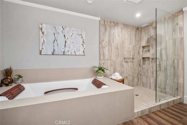 Bathroom, Glass Shower, Interior, Recessed Lighting, Wood Texture Flooring
