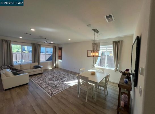 Dining room, Interior, Living room, Pendant Lights, Recessed Lighting, Wood Texture Flooring