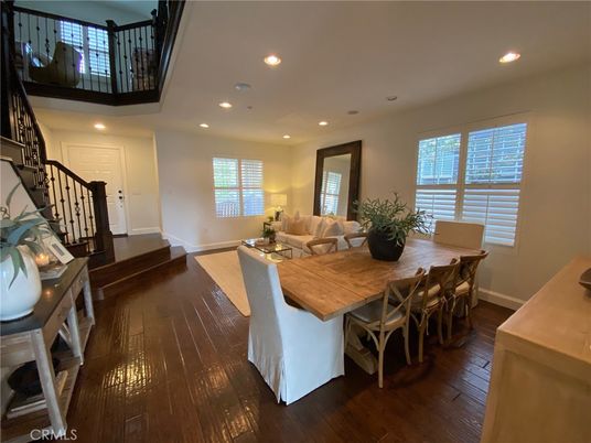 Dining room, Interior, Living room, Recessed Lighting, Wood Texture Flooring