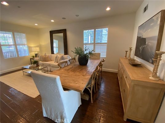 Dining room, Interior, Living room, Recessed Lighting, Wood Texture Flooring