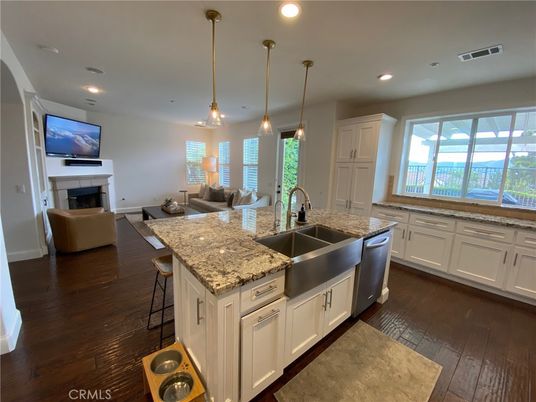 Fireplace, Interior, Kitchen, Living room, Pendant Lights, Recessed Lighting, Wood Texture Flooring