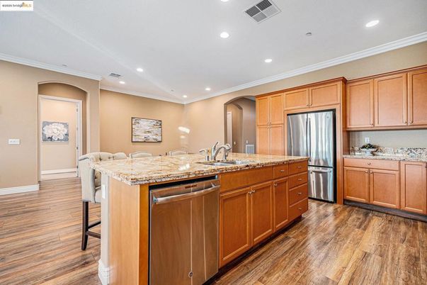 Interior, Kitchen, Recessed Lighting, Stainless Steel Appliances, Wood Texture Flooring