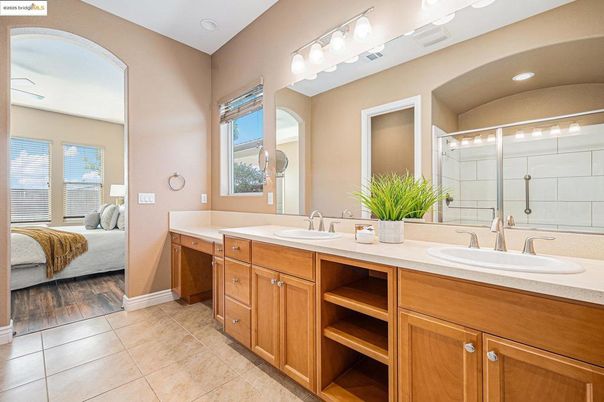 Bathroom, Bedroom, Dual Sink Vanities, Glass Shower, Interior, Recessed Lighting, Wood Texture Flooring