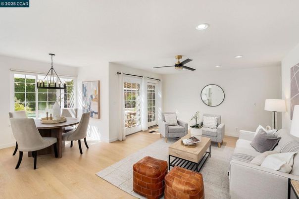 Dining room, Interior, Living room, Recessed Lighting, Wood Texture Flooring