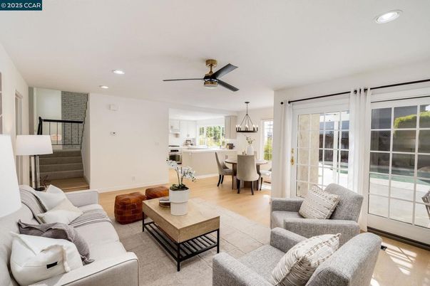 Dining room, Interior, Kitchen, Living room, Pendant Lights, Recessed Lighting, Wood Texture Flooring