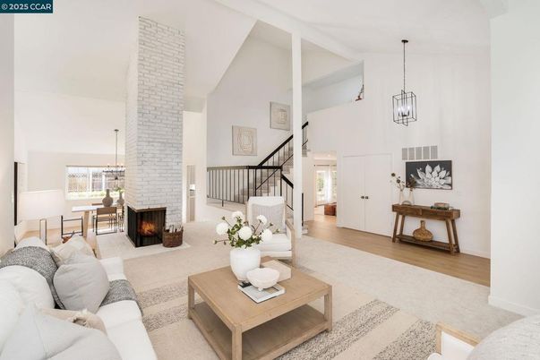 Dining room, Fireplace, Interior, Living room, Pendant Lights, Wood Texture Flooring