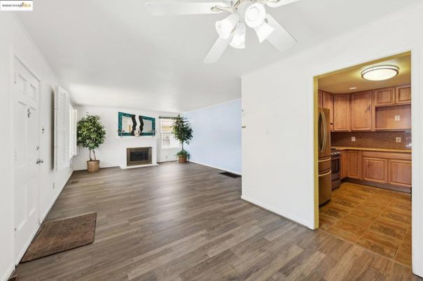 Empty room, Fireplace, Interior, Kitchen, Wood Texture Flooring