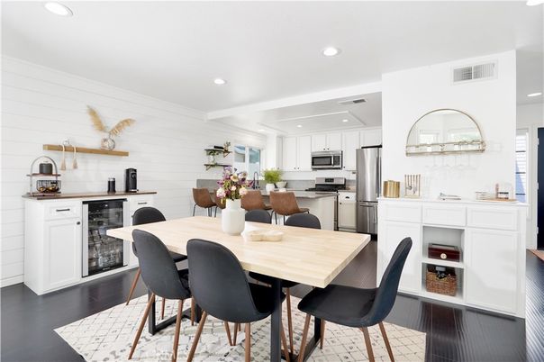 Dining room, Interior, Kitchen, Recessed Lighting, Stainless Steel Appliances, Wood Texture Flooring