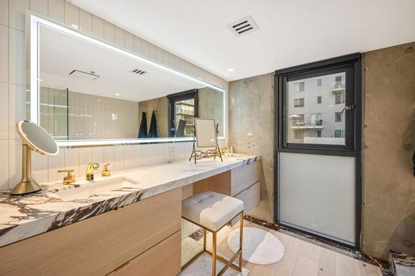 Bathroom, Interior, Recessed Lighting, Wood Texture Flooring