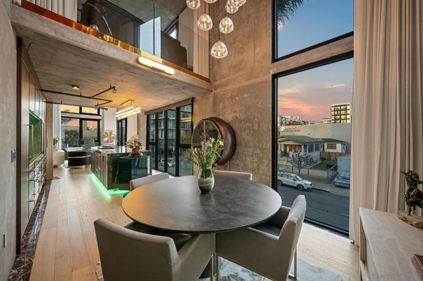 Dining room, Interior, Pendant Lights, Wood Texture Flooring