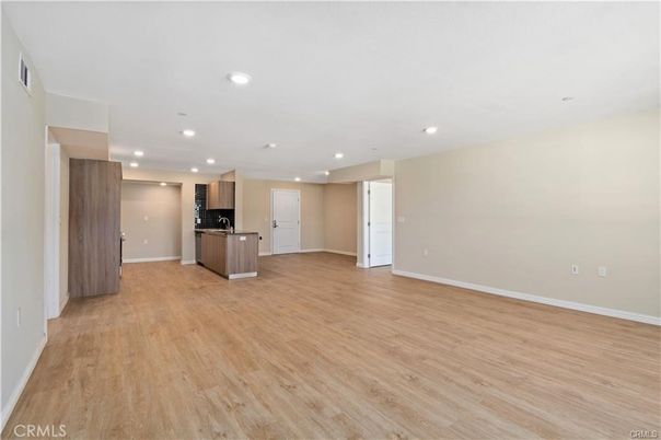 Empty room, Interior, Kitchen, Recessed Lighting, Wood Texture Flooring