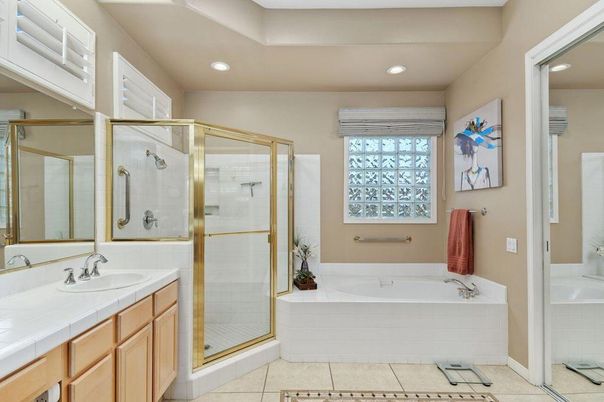 Bathroom, Dual Sink Vanities, Glass Shower, Interior, Recessed Lighting, Tile Countertops