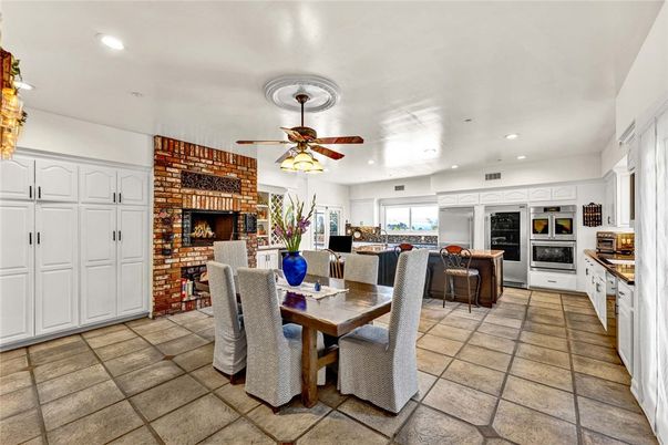Dining room, Fireplace, Interior, Kitchen, Living room, Recessed Lighting, Stone Walls